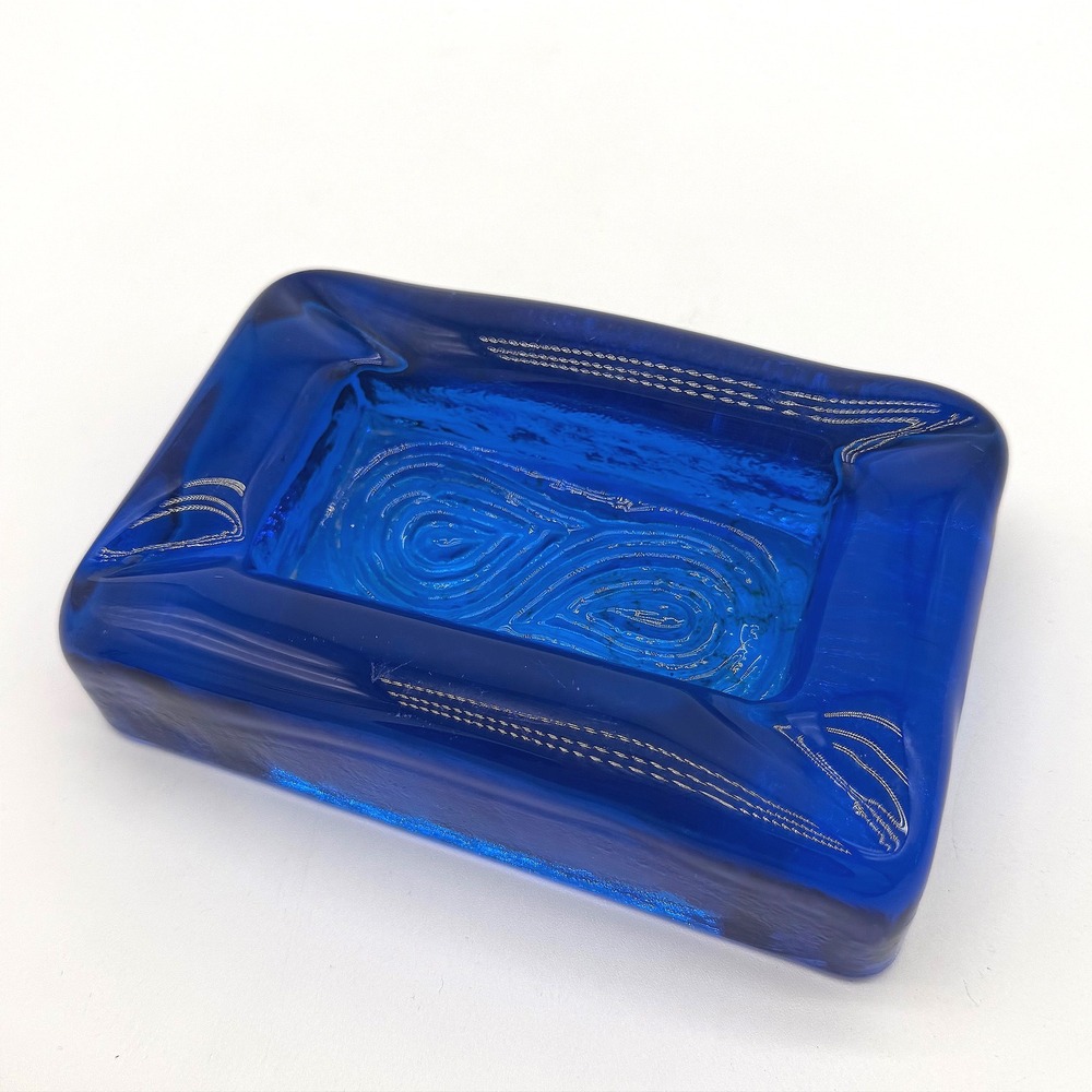 Vintage Boda Erik Höglund Cobalt Blue Pressed Glass Ashtray Swedish V8